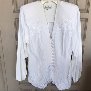 Vintage 2PC Beauty Jacket/Skirt Sz8 Embroidered Creme Self Buttons Shoulder Pads
